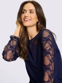 T-shirt à manches longues dentelle transparente aux manches et épaules