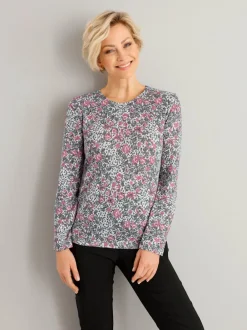 T shirt à manches longues imprimé fleuri et col rond
