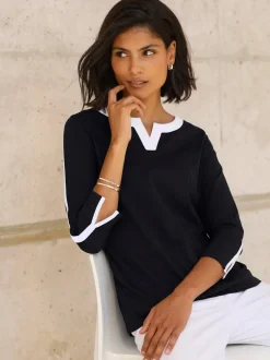 T shirt manches trois quarts col rond avec détails contrastés