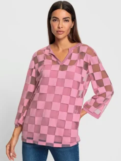 T shirt manches trois quarts et motif carreaux dévoré encolure V