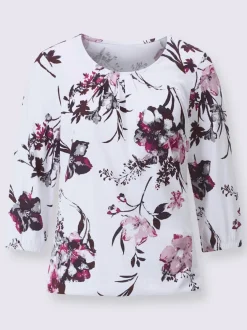T shirt à manches trois quarts imprimé floral et encolure plissée