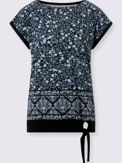 T shirt viscose à manches courtes col rond floral bordure imprimée
