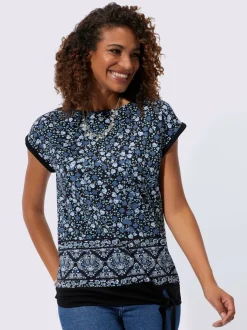 T shirt viscose à manches courtes col rond floral bordure imprimée