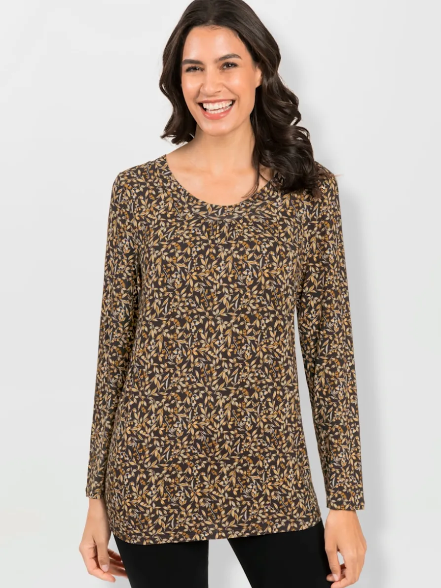 Tunique viscose encolure ronde et manches longues motif floral minimaliste