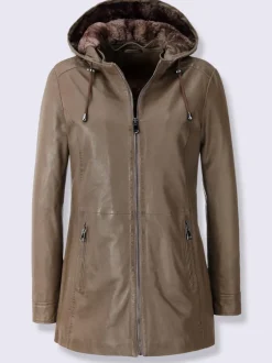 Veste en cuir capuche amovible avec empiècement imitation fourrure