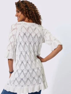 Veste en tricot ajouré longue et ouverte manches raglan mi longues