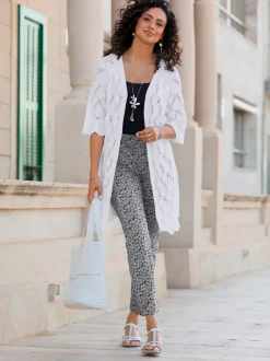 Veste en tricot ajouré longue et ouverte manches raglan mi longues