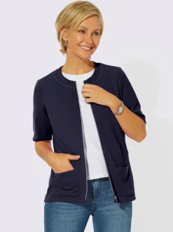 Veste légère en tricot manches courtes col rond fermeture à glissière