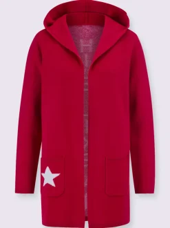 Veste longue en tricot ouverte à capuche et poches avec étoile
