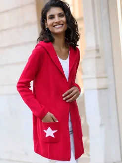 Veste longue en tricot ouverte à capuche et poches avec étoile