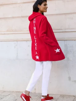 Veste longue en tricot ouverte à capuche et poches avec étoile